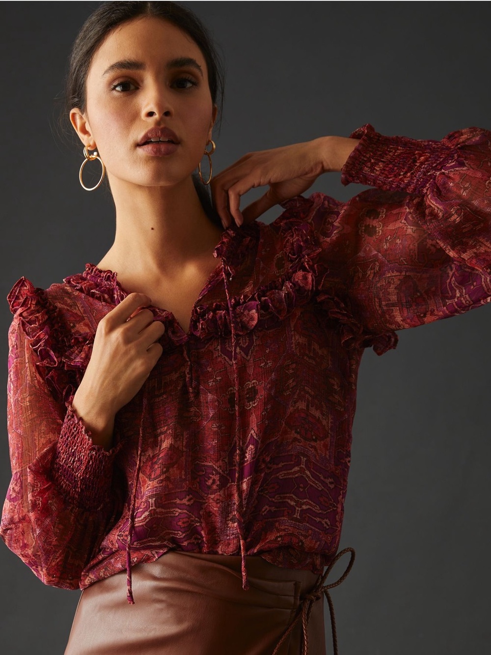 MISA Raffi Top Maroon Ruffle Large Anthropologie